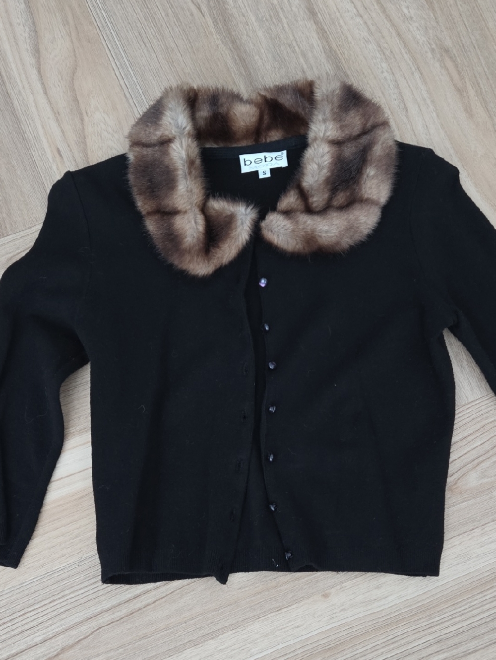 Y2K BEBE Black Cardigan with Faux Fur Brown Collar
